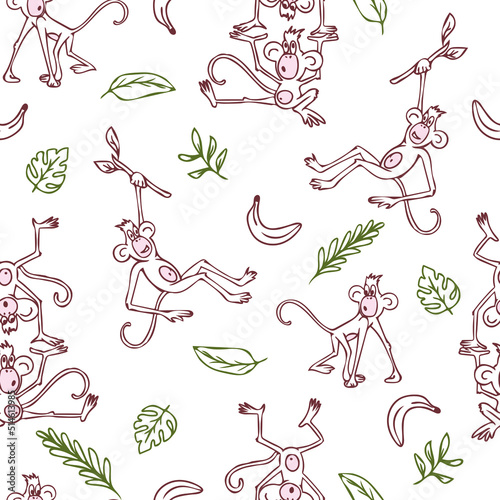 Fototapeta Naklejka Na Ścianę i Meble -  Seamless vector pattern with hand drawn monkey on white background. Simple fun animal wallpaper design. Decorative cartoon fashion textile.