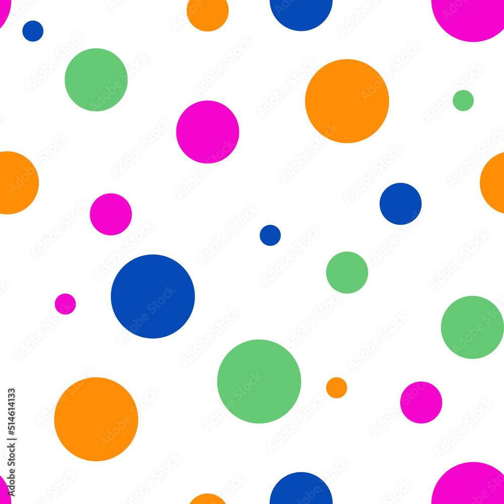 Seamless vector pattern with colourful circles on white background. Simple fun party wallpaper design. Decorative geometrical shape fashion textile.