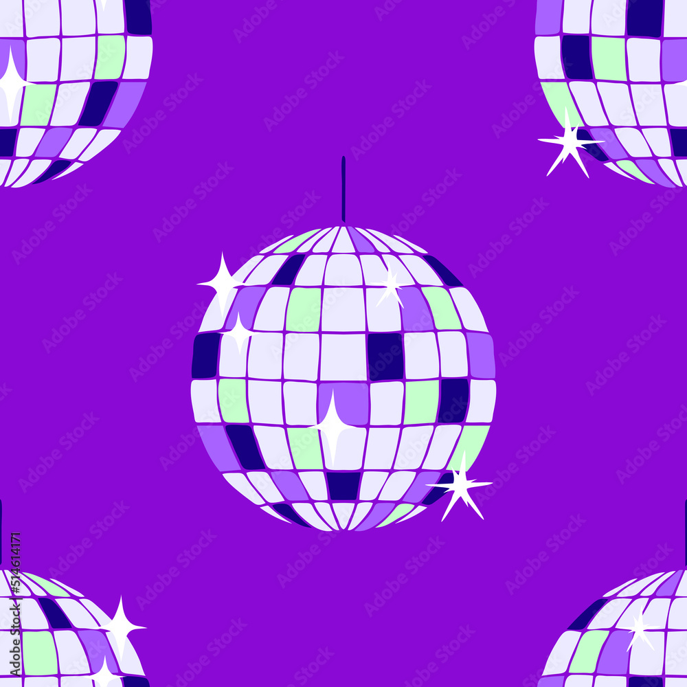 Seamless vector pattern with disco ball on purple background. Simple night club party wallpaper design. Decorative retro circle fashion textile. Seamless vector pattern with disco ball on purple background. Simple night club party wallpaper design. Decorative retro circle fashion textile.