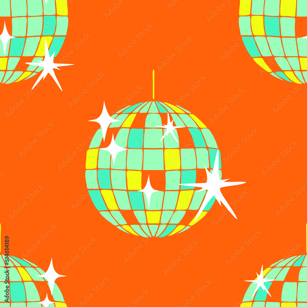 Seamless vector pattern with disco ball on orange background. Simple retro party wallpaper design. Decorative glitter fashion textile.