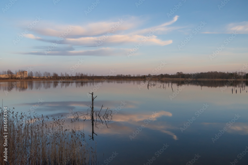 Reflections of white clouds in Saurieši gypsum quarry lake. Top of old sunken trees in the water Reflections of white clouds in Saurieši gypsum quarry lake. Top of old sunken trees in the water