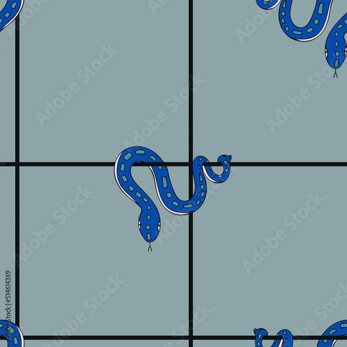 Seamless vector pattern with blue snake on grey background. Simple hand drawn hanging boa wallpaper design. Decorative animal fashion textile.