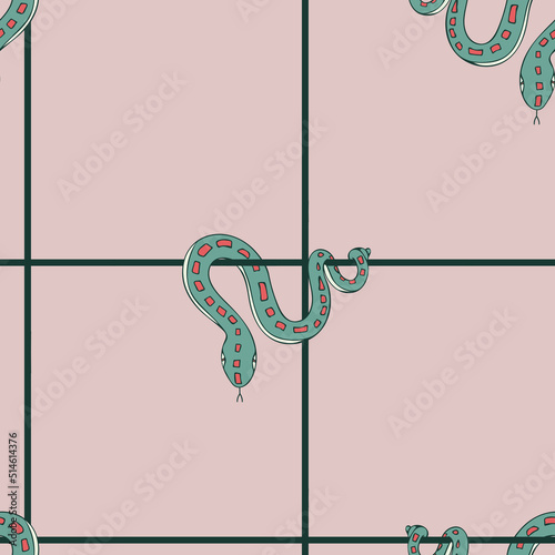 Seamless vector pattern with hanging snake on pink background. Simple hand drawn boa wallpaper design. Decorative animal fashion textile.