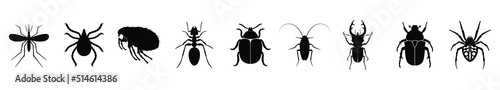 Insect icons set. Silhouettes of various insect isolated on white background. Vector illustration.
