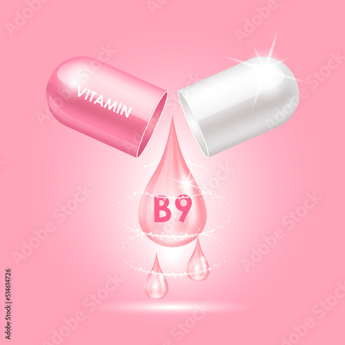 Capsule vitamin B9 (Thiamine) structure pink, white opened as drop of water. 3D Vector Illustration. Vitamin complex with chemical formula. Drug business concept. Personal care, beauty