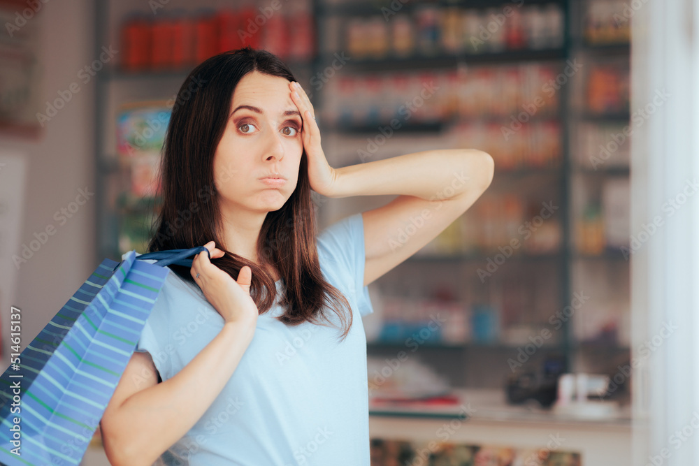 Stressed Pharmacy Customer Holding a Shopping Bag Feeling Confused - Unwell woman forgetting what to buy from a drugstore
