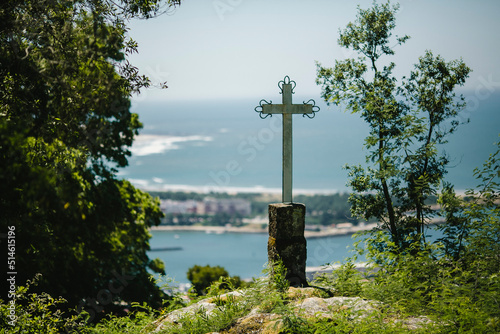Cross on the mountain Santa Luzia Sanctuary in Viana do Castelo, Portugal.
