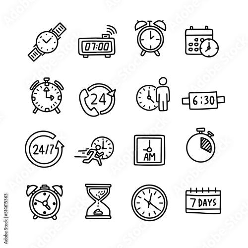 Vector set of time clock icons. Outline doodle drawing style
