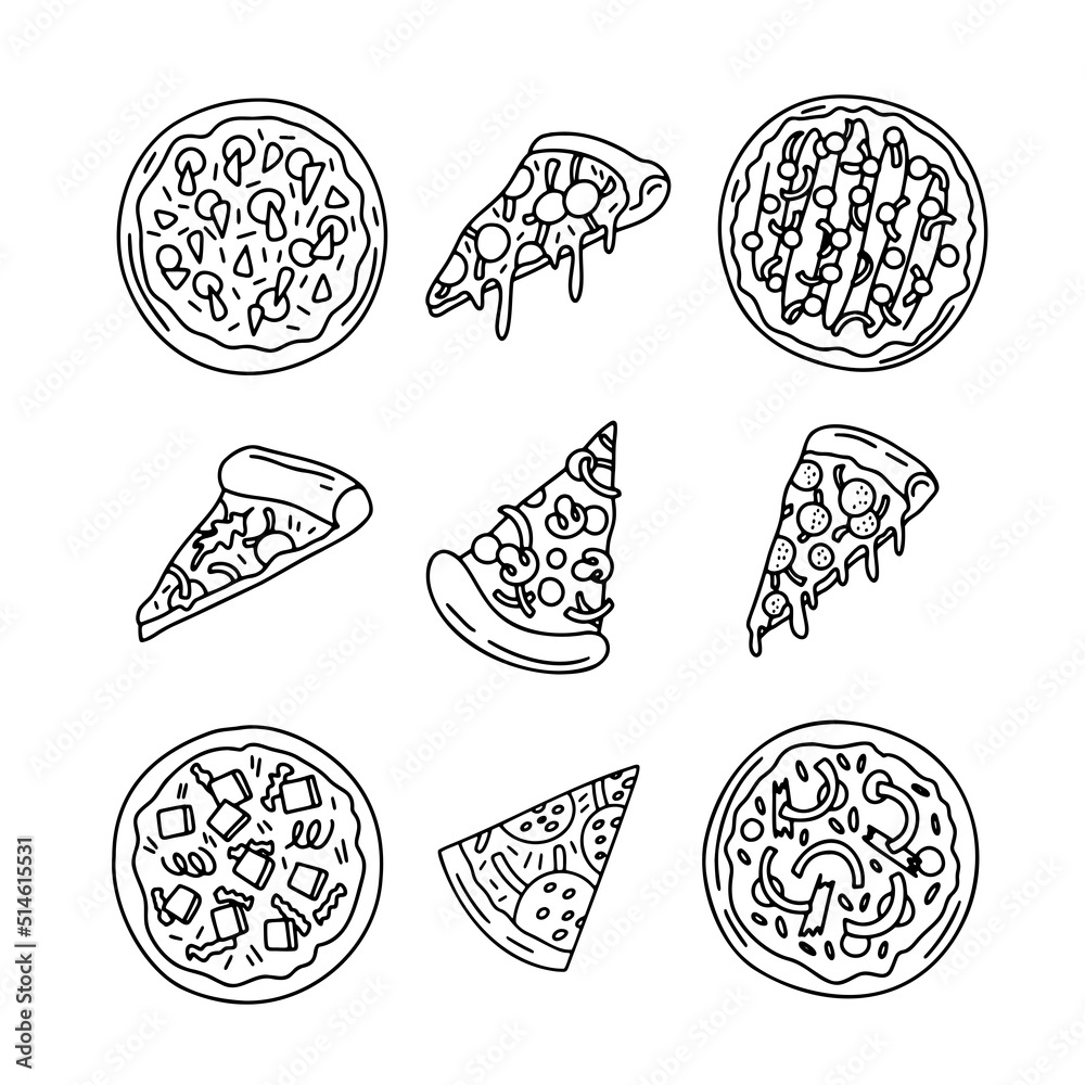 Outline drawing pizza slices, whole pizza. Vector line simple Doodle style