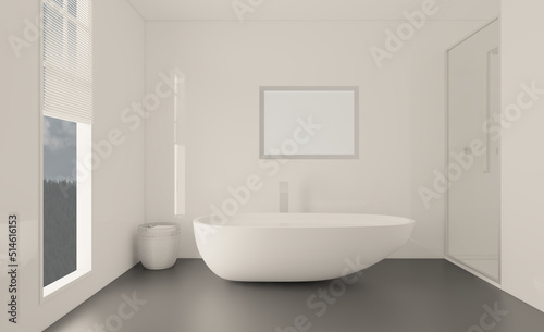 Freestanding bath with towels in grey modern bathroom. 3D rendering.