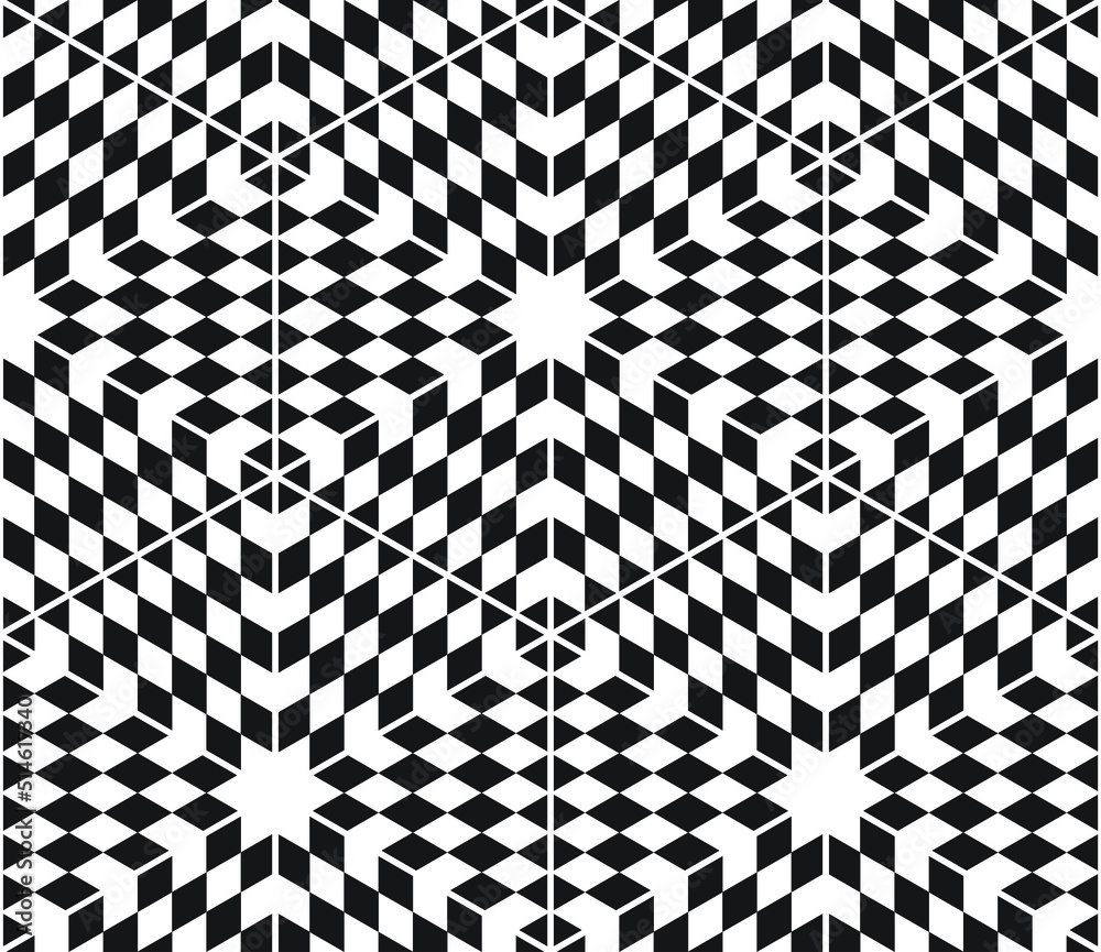 Geometric black and white repeating pattern with hexagon outlines filled with diamond shapes and forming 3d effect cubes. Vector illustration Geometric black and white repeating pattern with hexagon outlines filled with diamond shapes and forming 3d effect cubes. Vector illustration