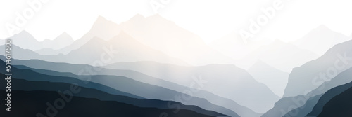 Vector illustration of mountains, ridge in the morning haze, panoramic view
