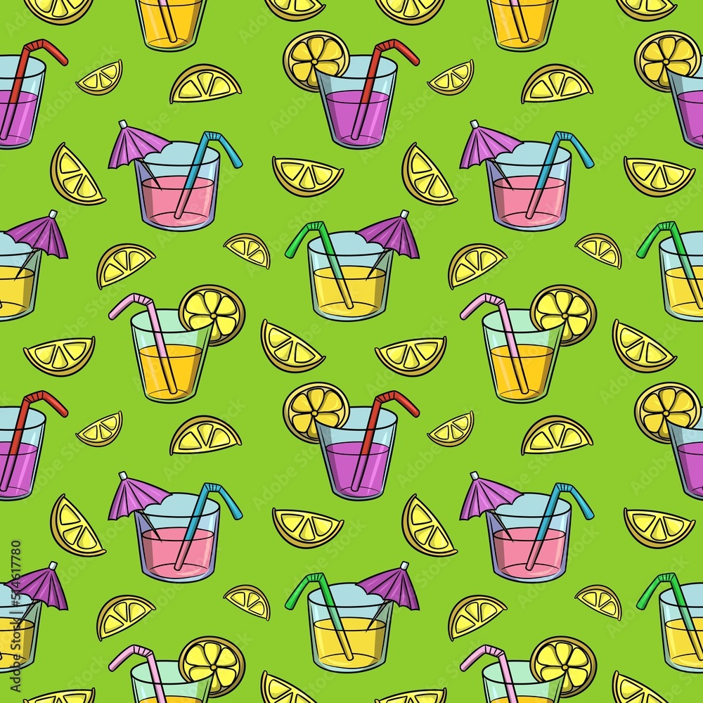 Bright green print, delicious cocktails with lemon and paper umbrella, seamless square pattern Bright green print, delicious cocktails with lemon and paper umbrella, seamless square pattern