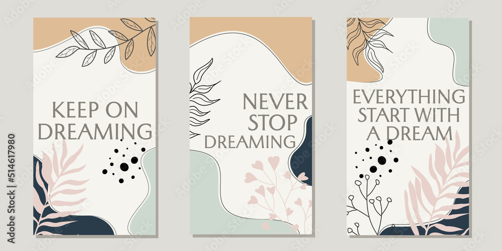 set of quote designs for social media stories. pastel color background with floral hand drawn ornament. aesthetic design set of quote designs for social media stories. pastel color background with floral hand drawn ornament. aesthetic design