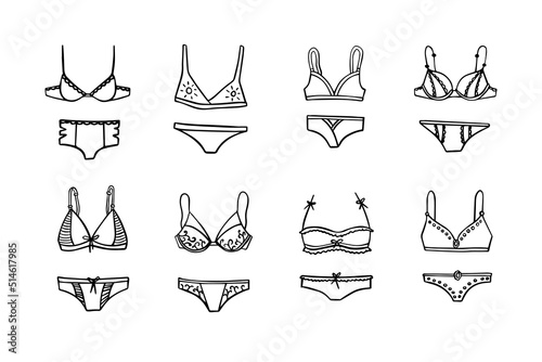 women underwear Collection of fashionable. Doodle outline hand drawn style. bra and panties