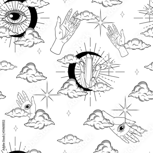 Magic hand drawn seamless pattern on white background. Mystic sky. Vector fantasy seamless pattern with moon, stars, all seeing eye, palmistry hands, crystals and celestial symbols.