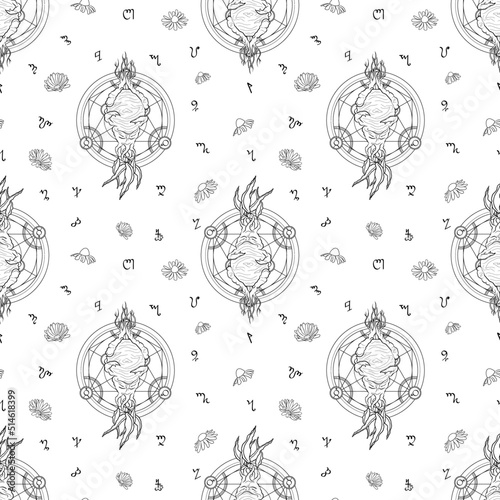 Magic hand drawn seamless pattern on white background. Vector fantasy seamless pattern with mandrake, alchemy circle, flowers and theban alphabet.