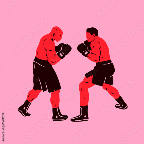 Boxers standing in stance. Two fighting men. Boxing, sports, workout, martial arts, mixed fight concept. Cartoon style. Hand drawn modern Vector illustration. Logo, print, poster, design template