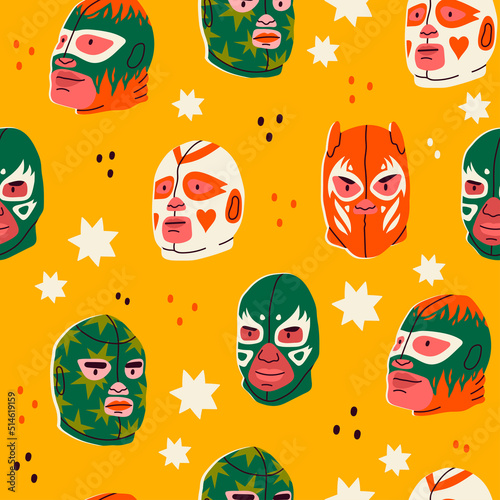 Various Lucha libre masks. Luchador colorful head set. Traditional Mexican wrestling masks. Luchadores Heroes. Hand drawn modern Vector illustration. Square seamless Pattern. Cartoon style