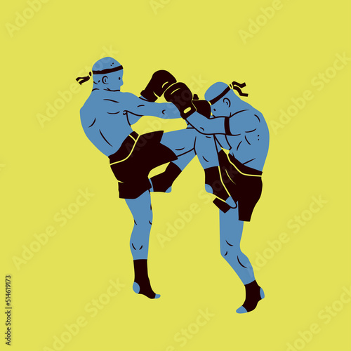 Muay thai fighter delivering knee hit. Two men fighting. Thai Boxing, combat sport, workout, martial arts, mixed fight concept. Hand drawn modern Vector illustration. Logo, print, poster template