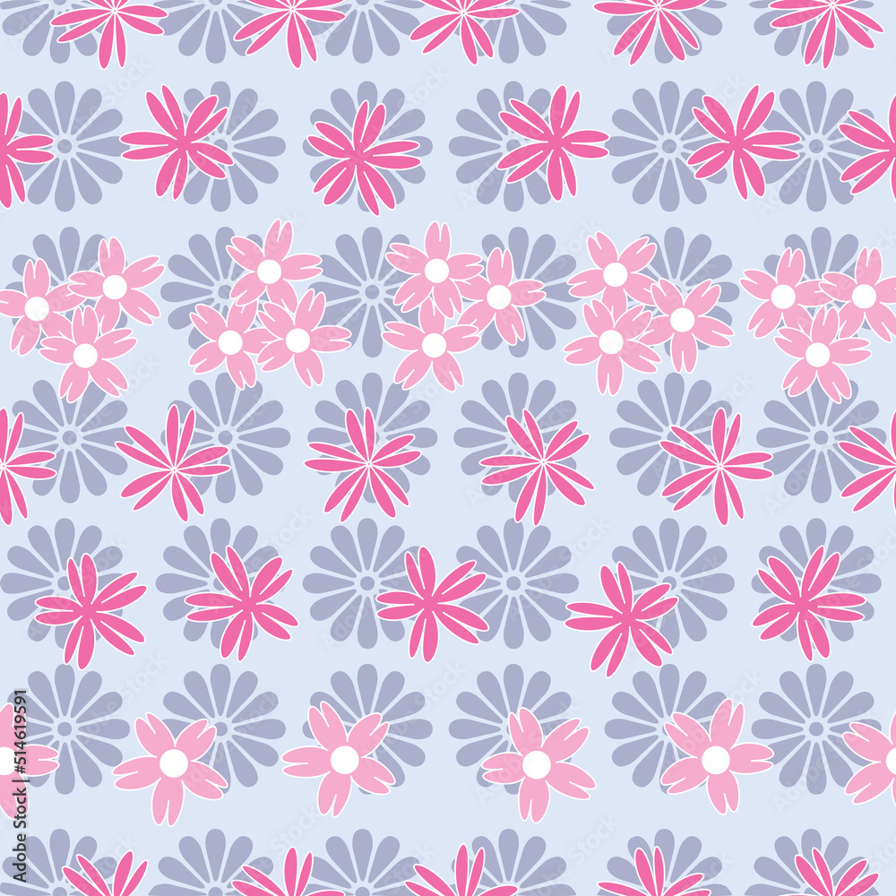 Vector blue background white pink cherry tree flowers and cherry blossom sakura flowers. Seamless pattern background