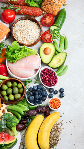 Healthy food assortment on light background.