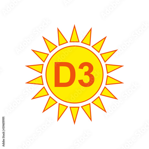 Mineral vitamin D D3 and sun with sunshine. Simple minimal logo and icon design. Isolated abstract vector illustration on white background. Flat style.