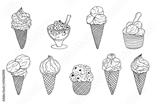 Set of hand drawn ice cream in a cone, bowl and cup