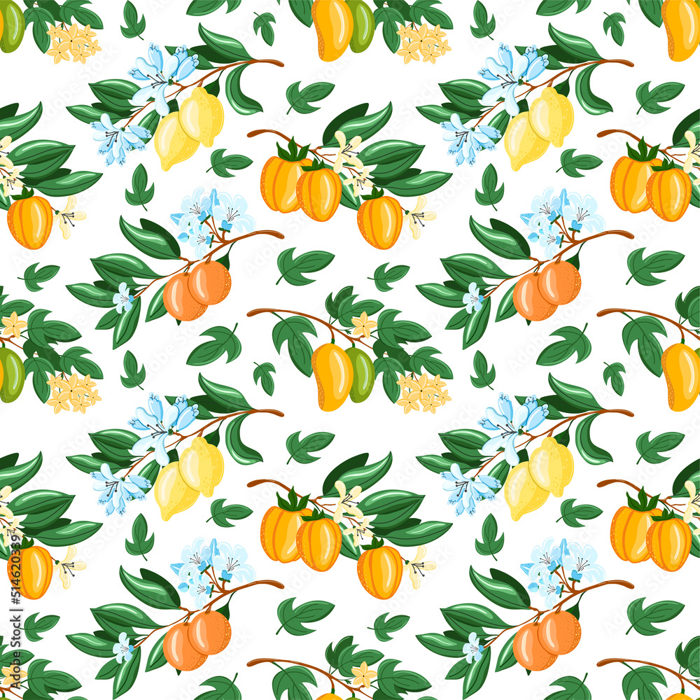 Tropical seamless pattern with flowers yellow lemon branch and orange on the white background. Fruit repeated background. Vector bright print for fabric brands packaging wallpaper.