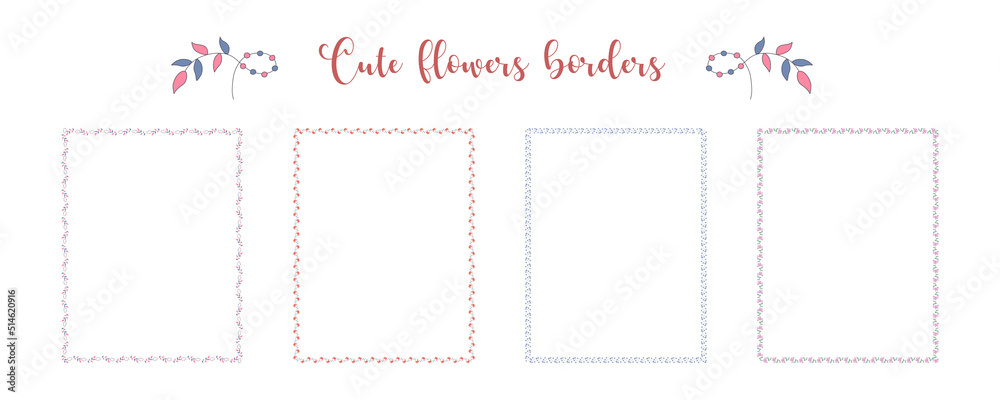 Set of borders flowers patterns in bright tones on a white background for embellishments, cards, scrapbook, frames, paper decorations, weddings and more. Set of borders flowers patterns in bright tones on a white background for embellishments, cards, scrapbook, frames, paper decorations, weddings and more.