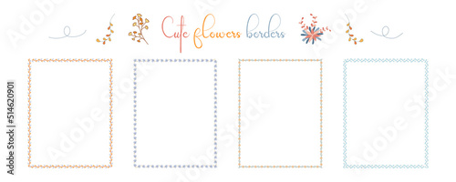 Set of borders flowers patterns  in bright tones on a white background for embellishments, cards, scrapbook, frames, paper decorations, weddings and more.
