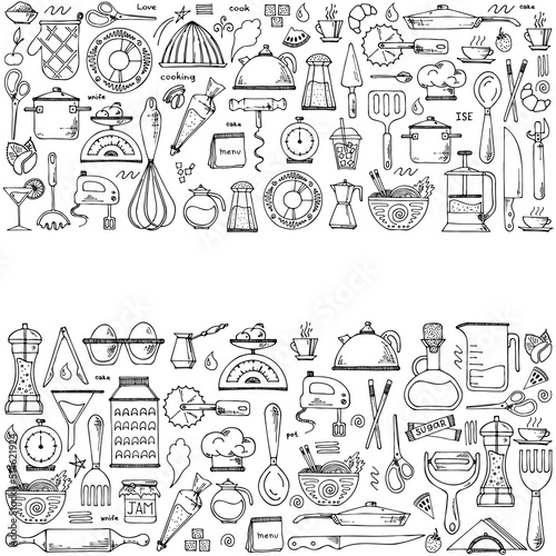 Vector background of kitchen tools. Hand drawn doodle cooking equipments. illustration for restaurant menu, recipe book, and wallpaper.