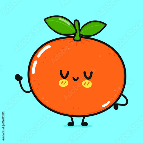 Cute funny mandarin waving hand. Vector hand drawn cartoon kawaii character illustration icon. Isolated on blue background. Mandarin character concept