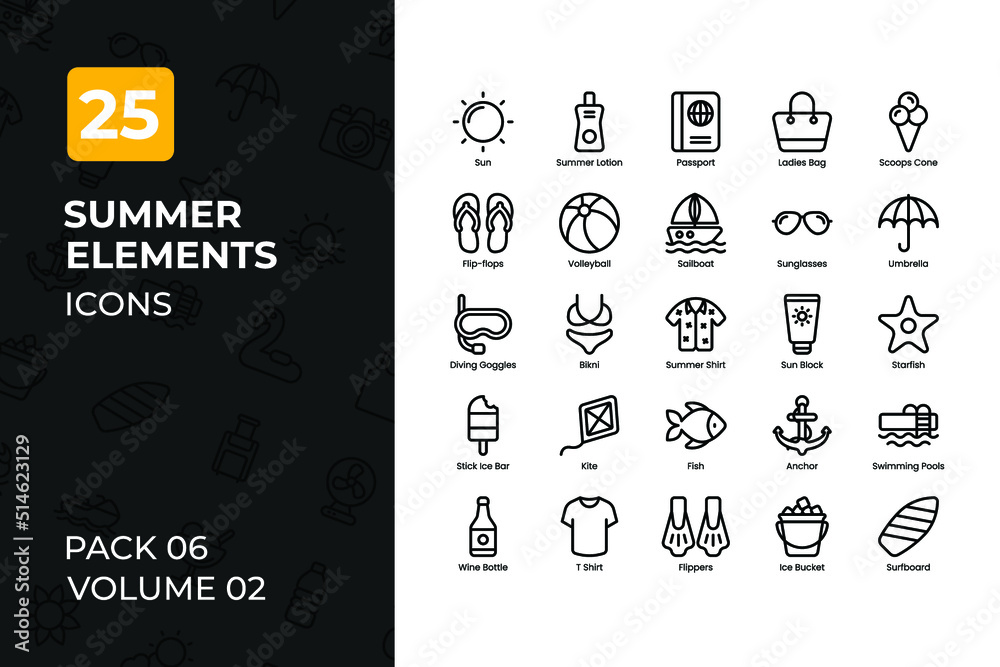 Summer Icons Collection. Set contains such Icons as sunny, hot day, beach, summer party, and more.
