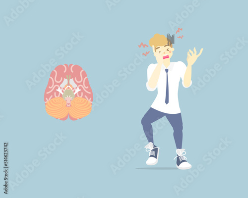 man with headache and human brain, brain tumor cancer symptom, healthcare concept, internal organs anatomy body part nervous system, vector illustration cartoon flat character design clip art photo