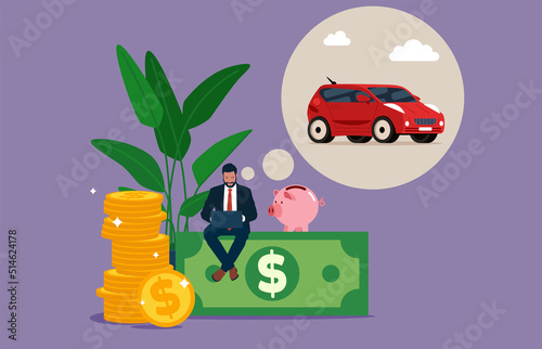 Male dreaming about buying a new car. An employee have a goal to own a personal property and work for success. 
