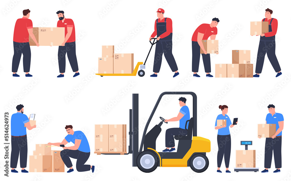 Warehouse workers carry parcel boxes. Delivery of parcels, transportation and storage of goods. Vector illustration