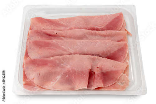 Fotografie Slices of cooked ham in plastic food tray for sale in supermarket, Top view isolated on white with clipping path included