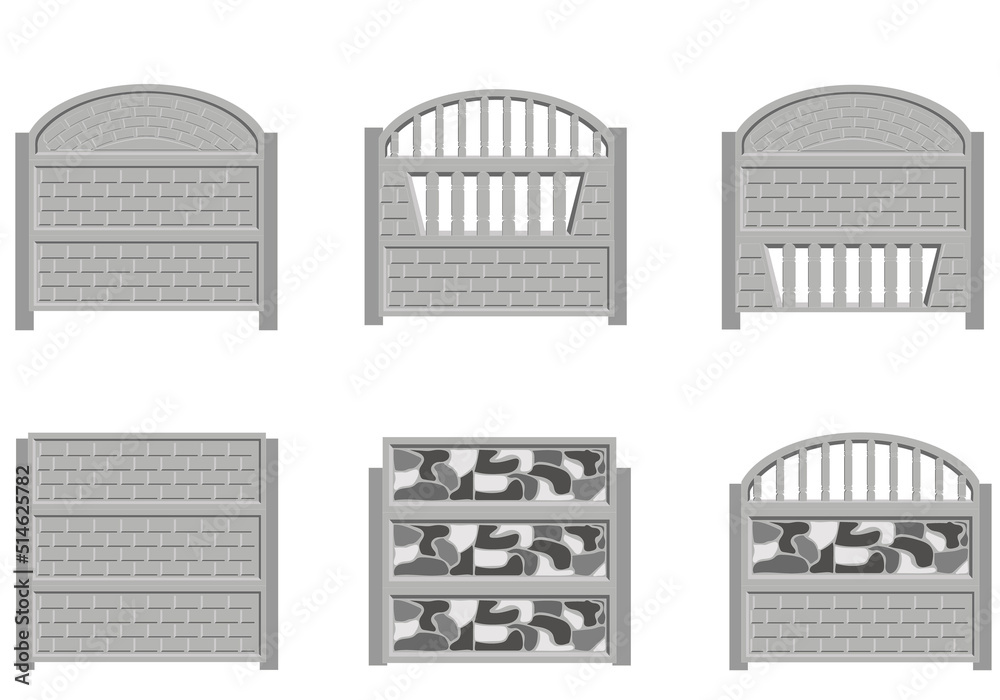 Set of gray concrete fence made of blocks. Brick construction. Fencing for home and garden. Vector graphics