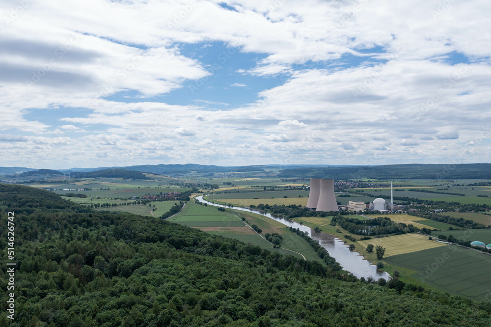 Naklejka premium View of drone of nuclear power plant and river