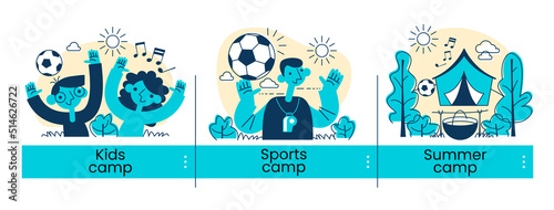Kids camp, sport classes, summer camping. Vacation abstract concept vector illustration set.