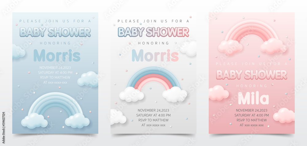 Baby Shower invitation card template with rainbow and cute little stars ...