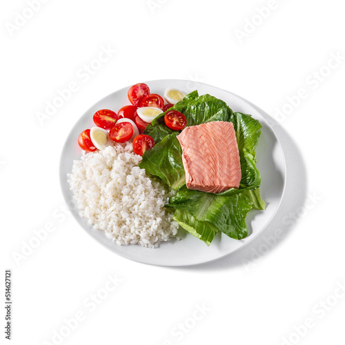 Steamed fish with salad, tomato, egg and rice