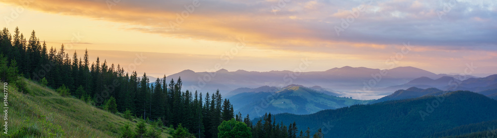 Dawn in the Ukrainian Carpathians. mountains in dawn colors. Panorama of mountains.