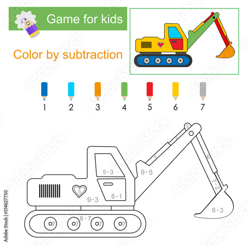 Color by subtraction. Math activity for kid. Developing numeracy skills. Number range up to 10. Vector illustration