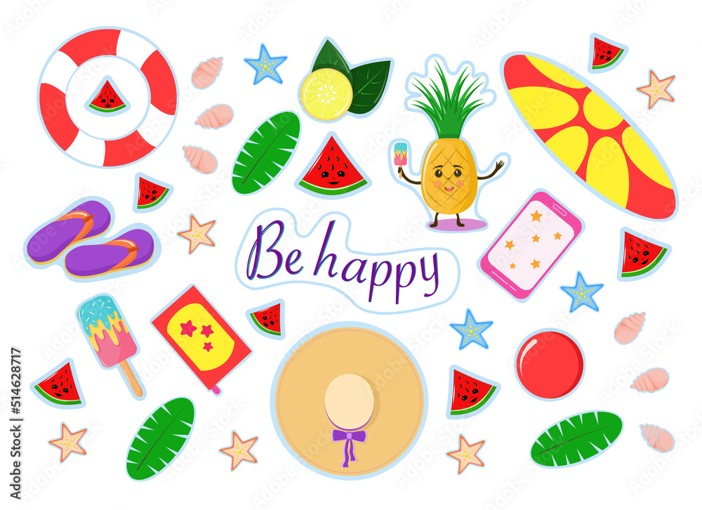 set of stickers theme - beach, mine, vacation. set of stickers theme - beach, mine, vacation.