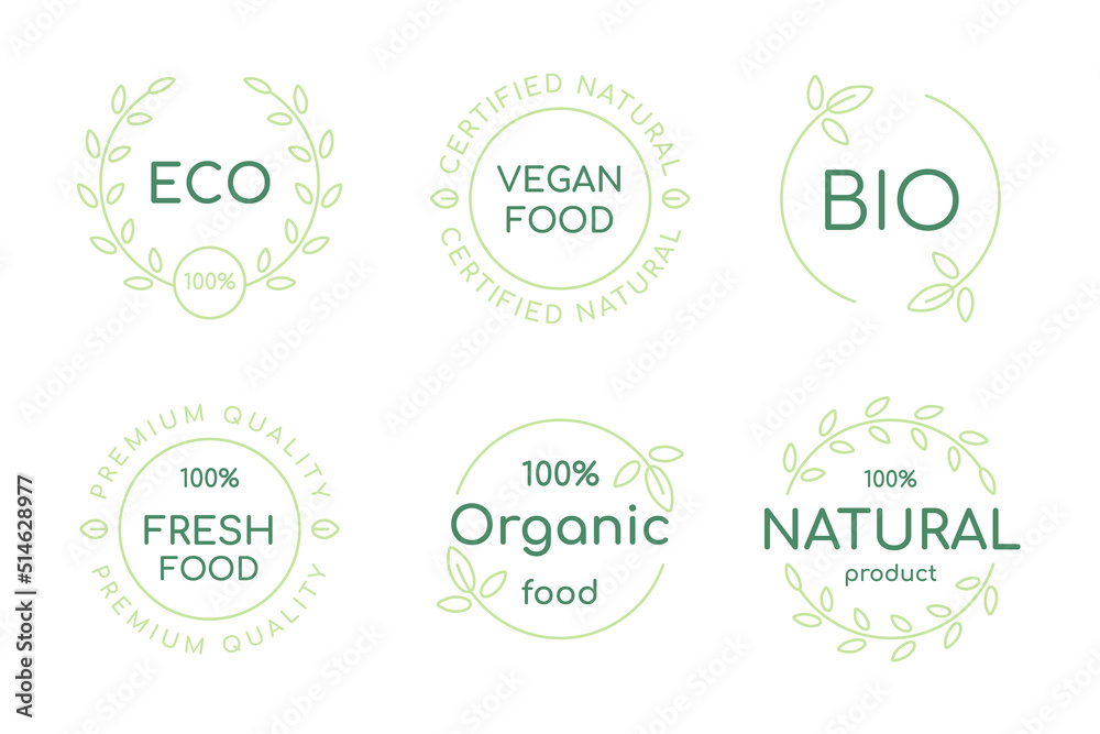 Set of organic, fresh, vegan and natural products label. Ecology line icon, badge and logo collection.