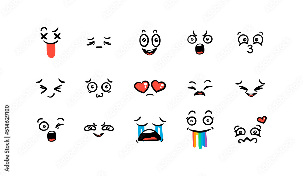 Various Cartoon Emoticons Set. Doodle faces, eyes and mouth. Caricature comic expressive emotions, smiling, crying and surprised character face expressions Various Cartoon Emoticons Set. Doodle faces, eyes and mouth. Caricature comic expressive emotions, smiling, crying and surprised character face expressions