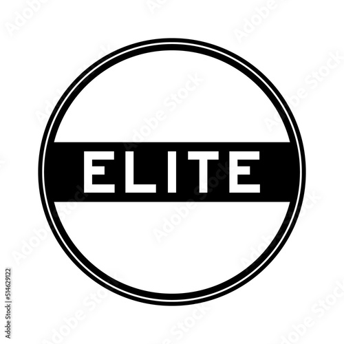 Black color round seal sticker in word elite on white background