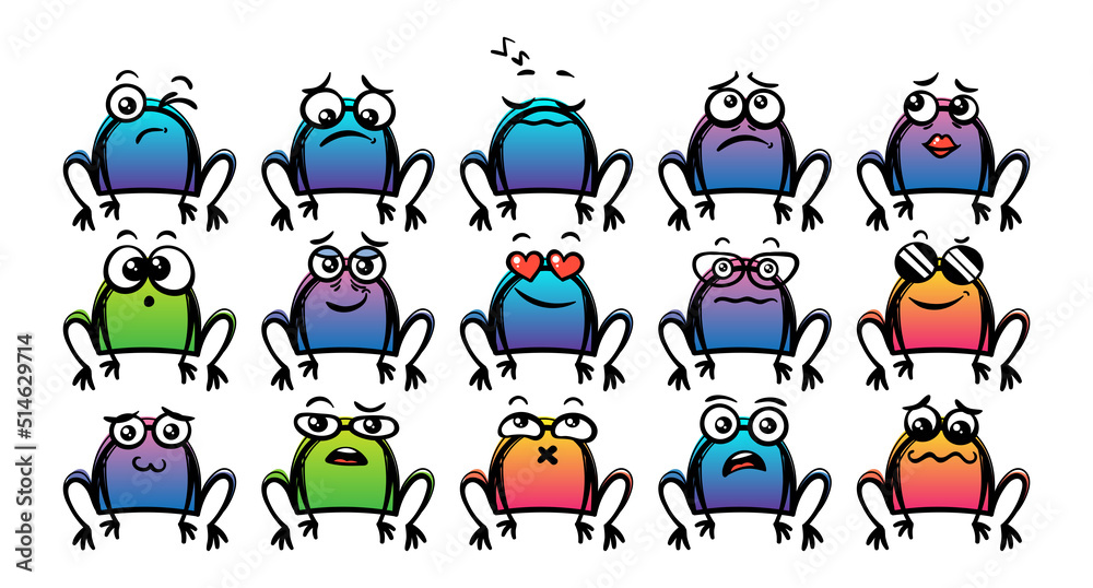 Various Cartoon Toads Set. Doodle faces, eyes and mouth. Caricature comic expressive emotions, smiling, crying and surprised character face expressions Various Cartoon Toads Set. Doodle faces, eyes and mouth. Caricature comic expressive emotions, smiling, crying and surprised character face expressions